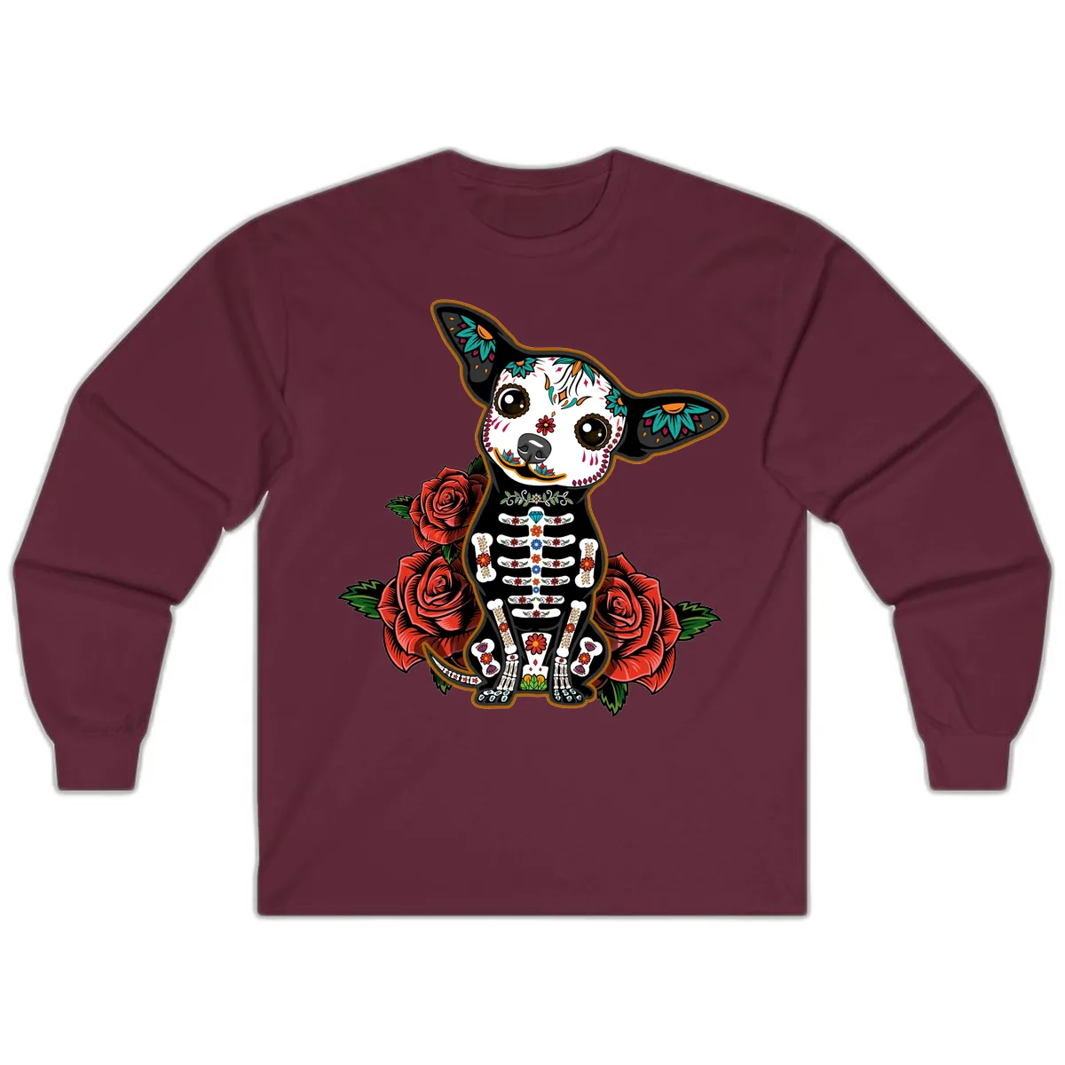 Día de los Muertos Chihuahua Sugar Skull Dog Long Sleeve in Maroon