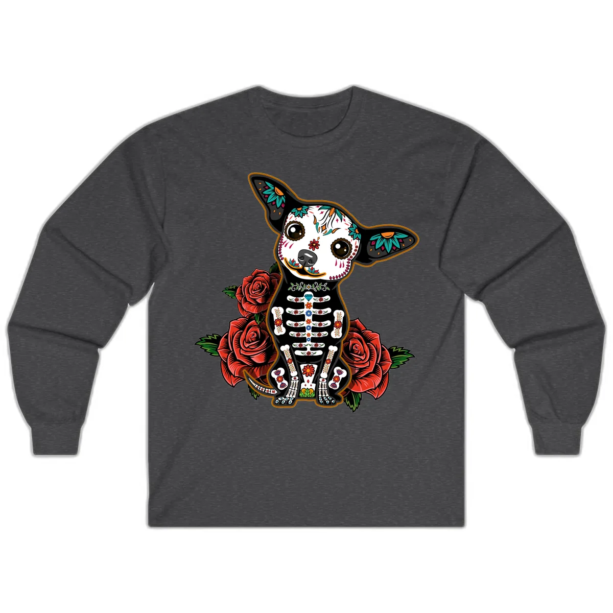 Día de los Muertos Chihuahua Sugar Skull Dog Long Sleeve in Dark Heather