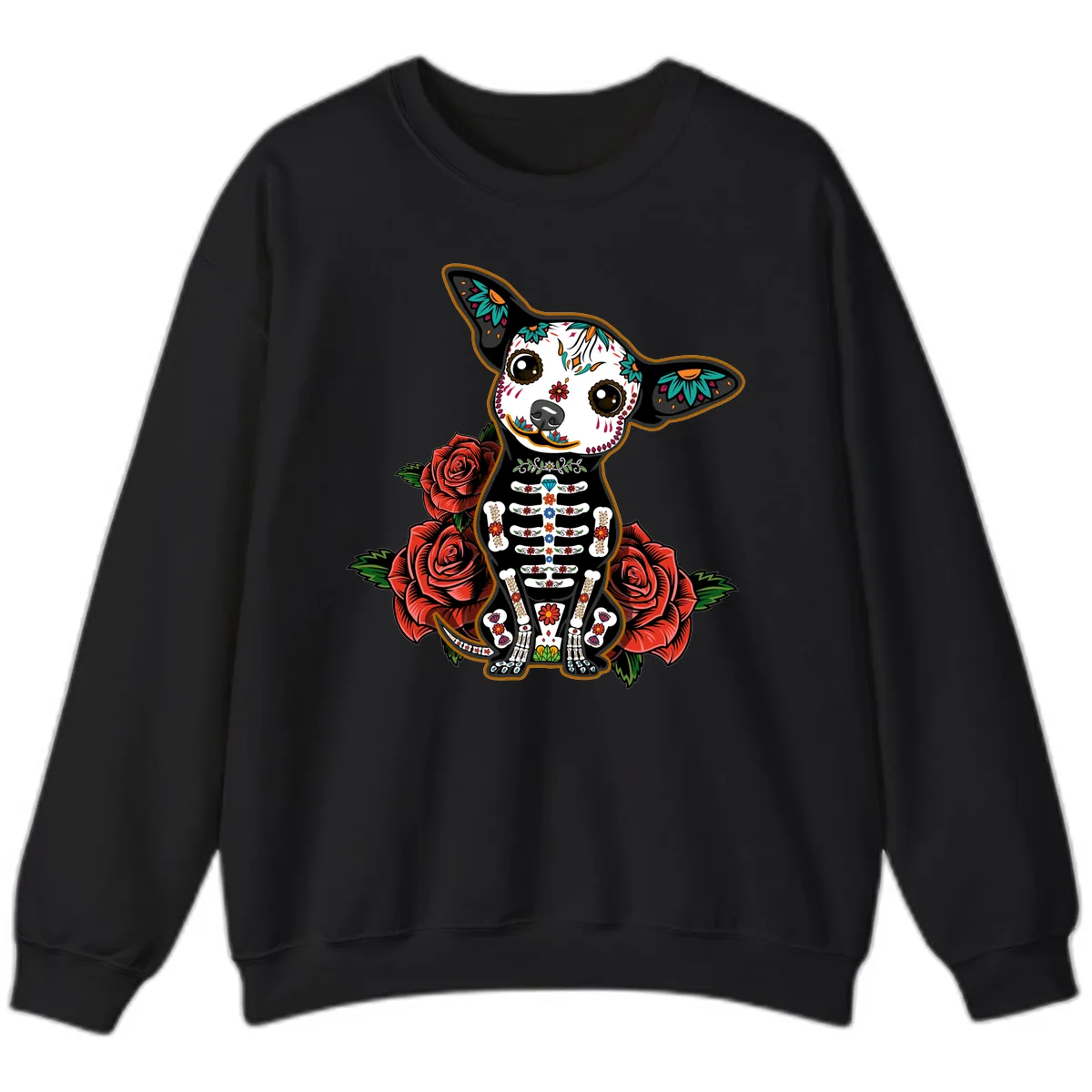 Día de los Muertos Chihuahua Sugar Skull Dog Sweatshirt in Black