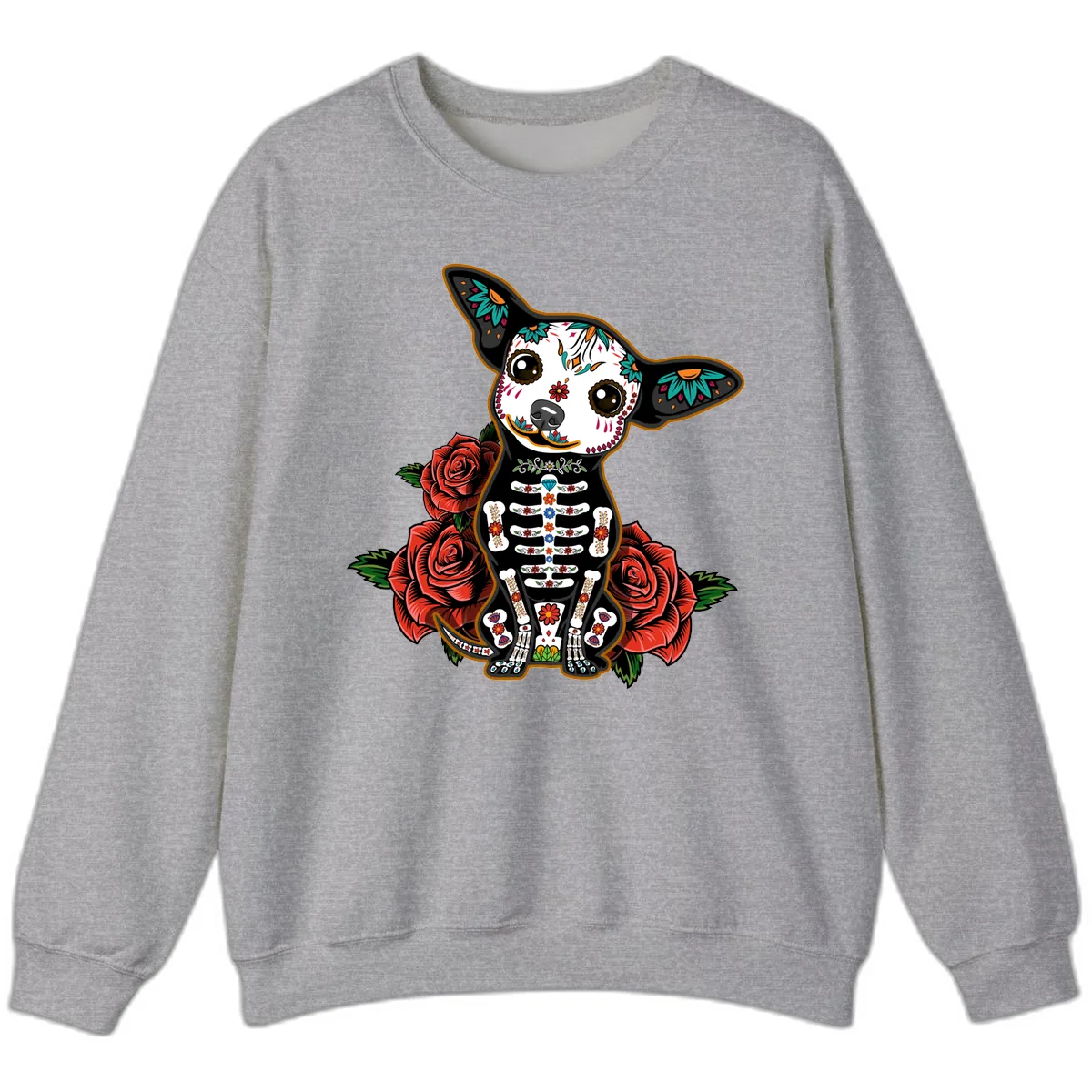 Día de los Muertos Chihuahua Sugar Skull Dog Sweatshirt in Sport Grey