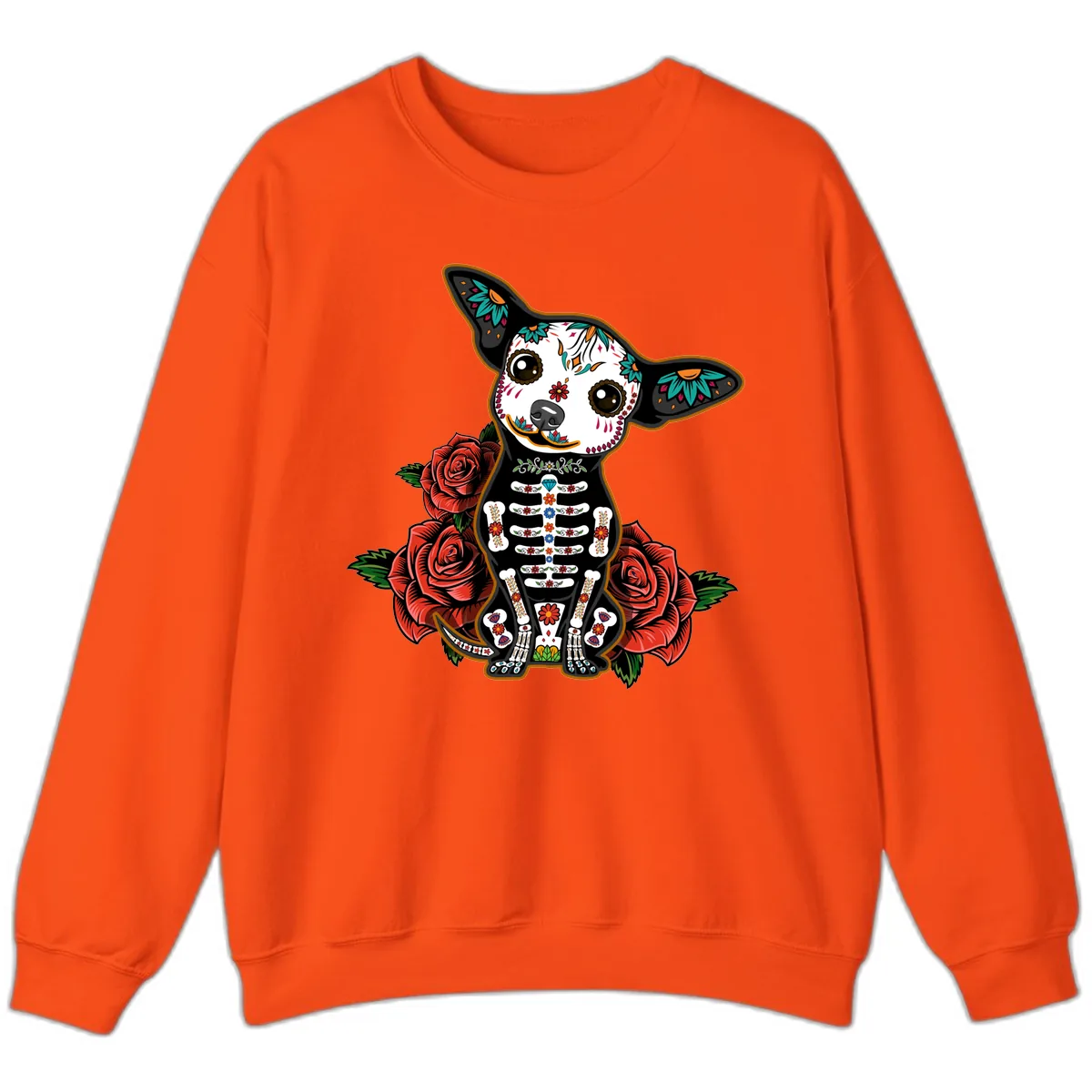 Día de los Muertos Chihuahua Sugar Skull Dog Sweatshirt in Orange