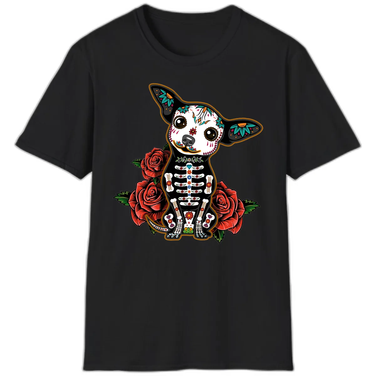 Día de los Muertos Chihuahua Sugar Skull Dog T-Shirt in Black