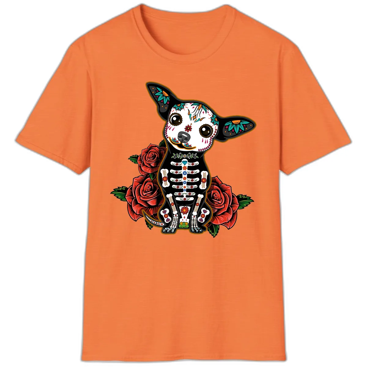 Día de los Muertos Chihuahua Sugar Skull Dog T-Shirt in Heather Orange
