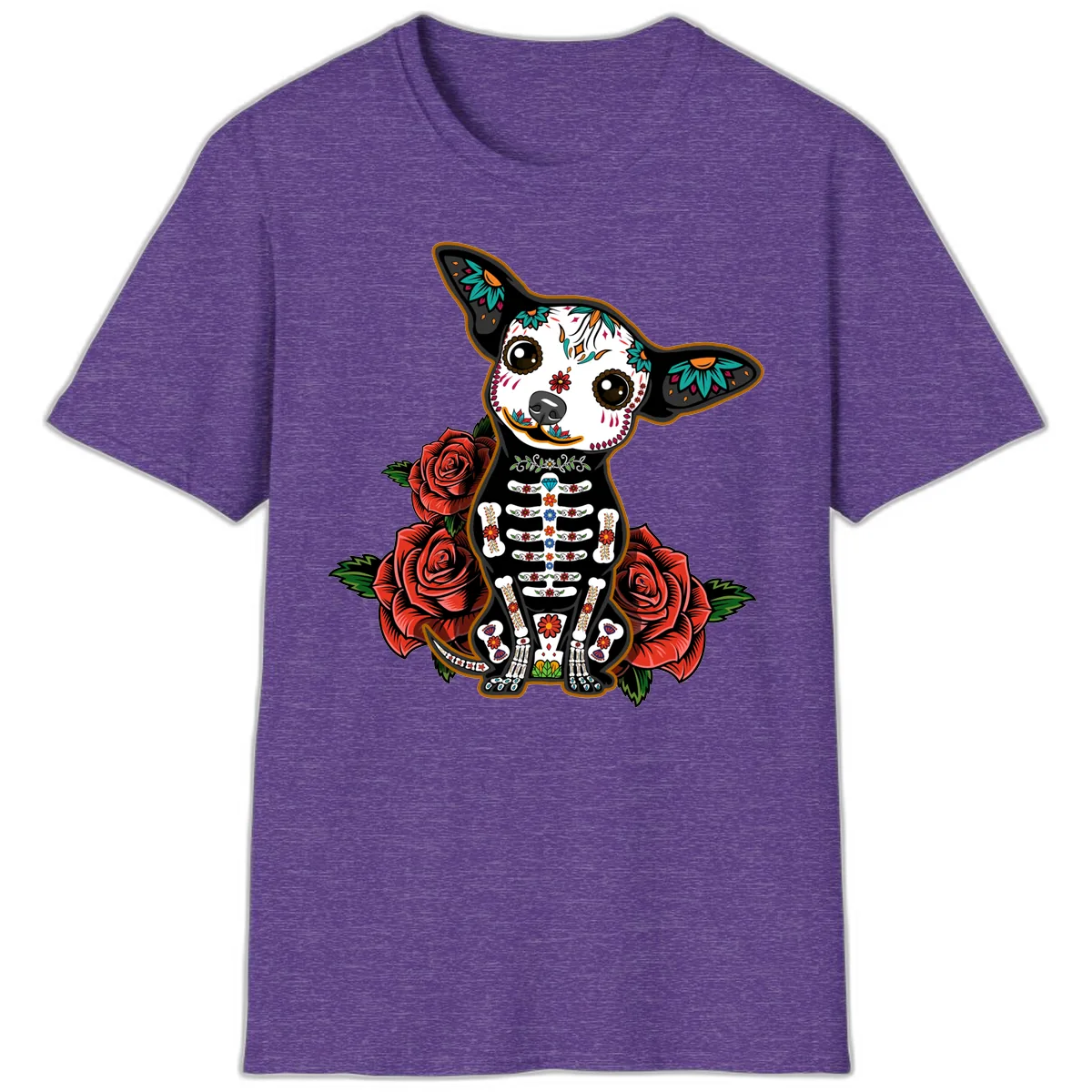 Día de los Muertos Chihuahua Sugar Skull Dog T-Shirt in Heather Purple