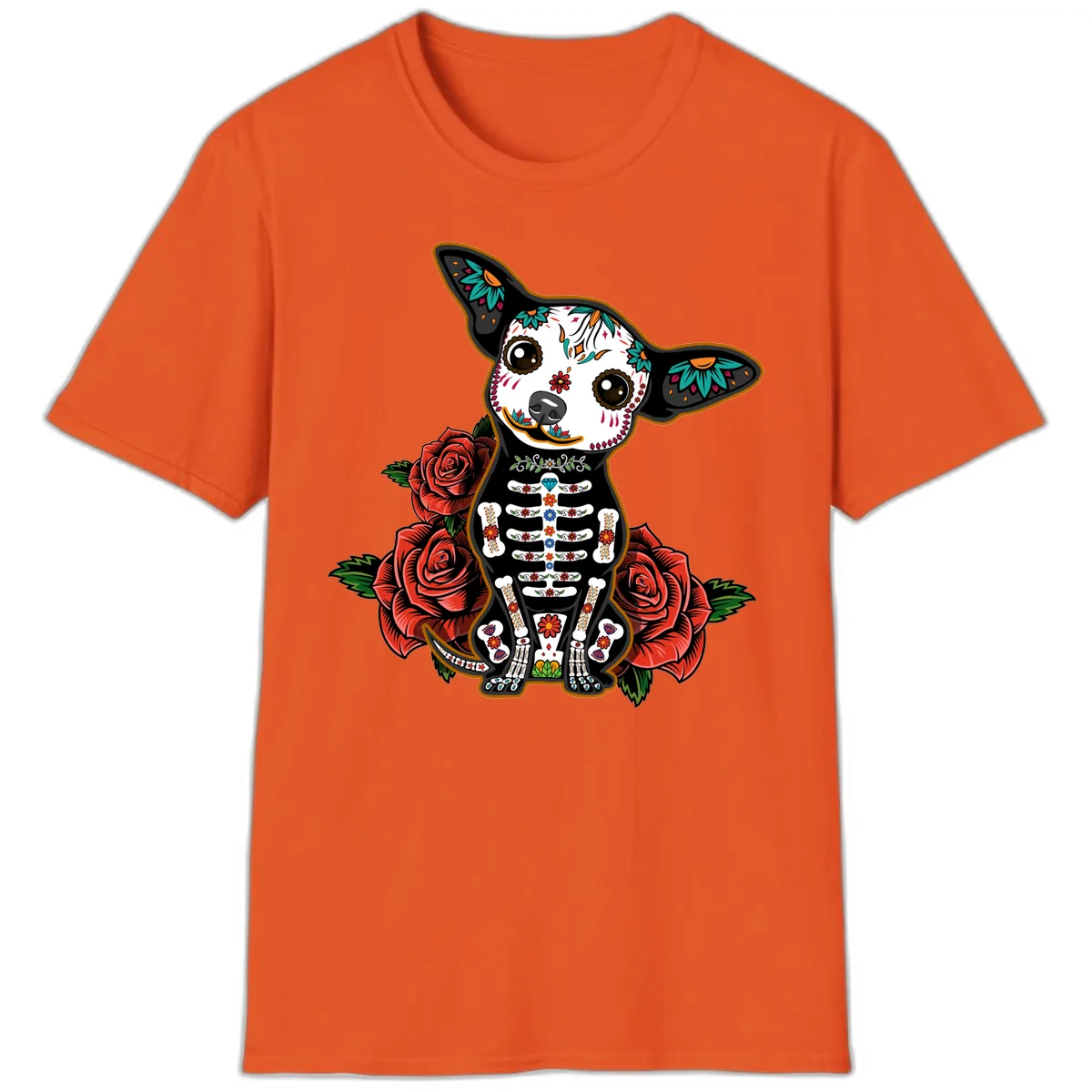 Día de los Muertos Chihuahua Sugar Skull Dog T-Shirt in Orange