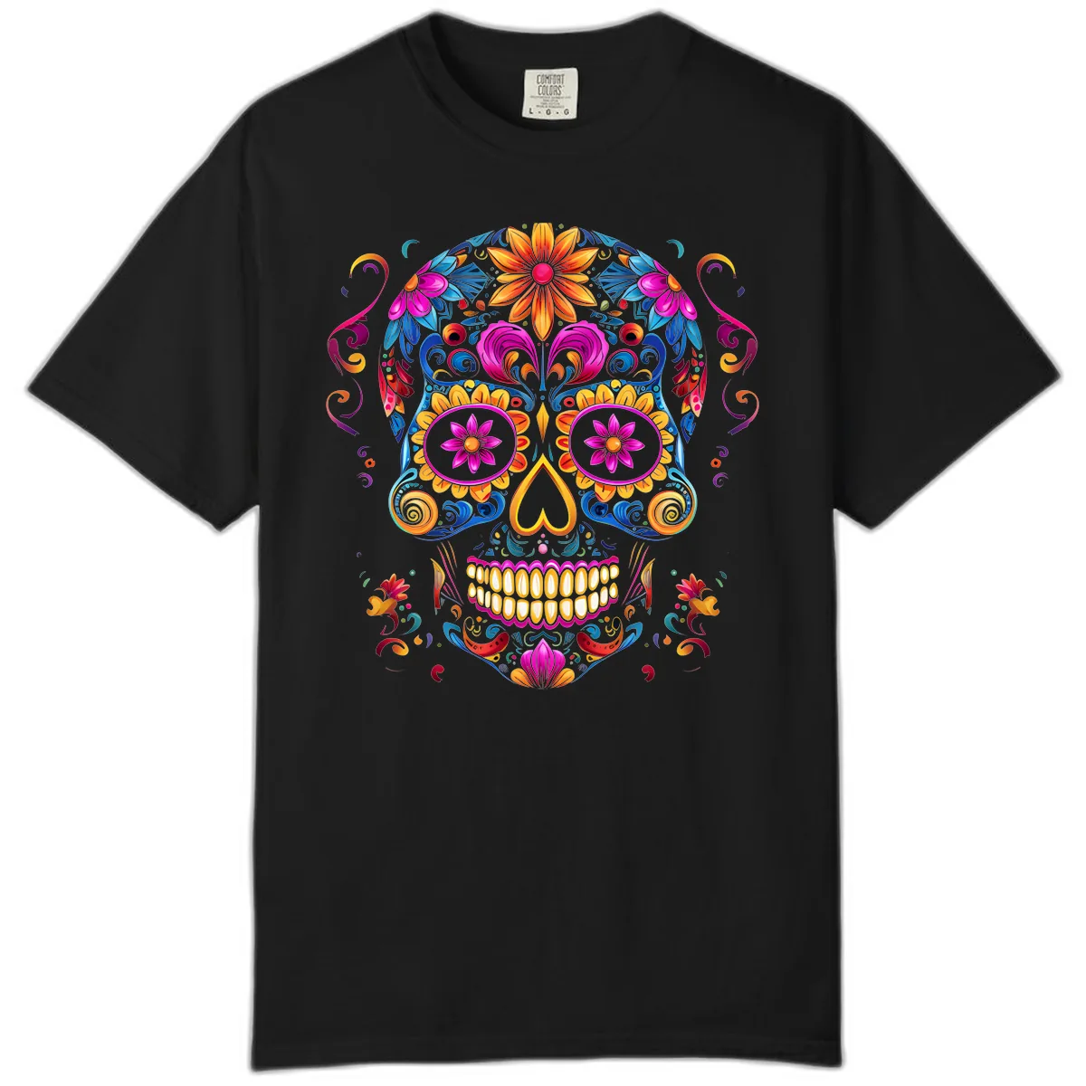Vibrant Floral Sugar Skull Calavera Art Comfort Color in Black