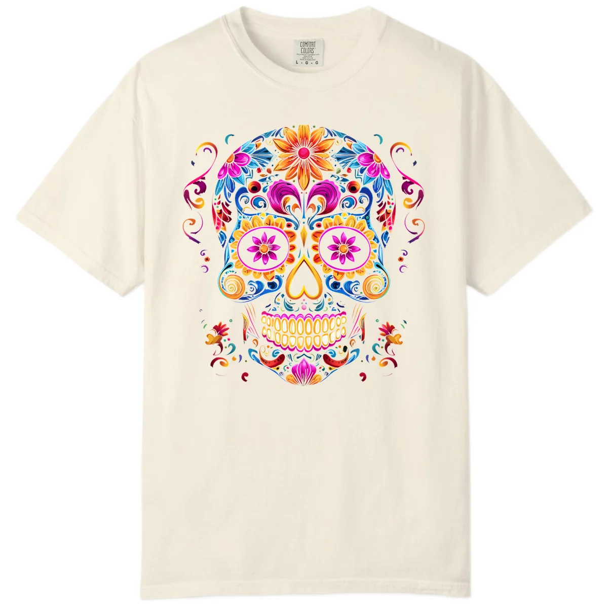 Vibrant Floral Sugar Skull Calavera Art Comfort Color in Ivory
