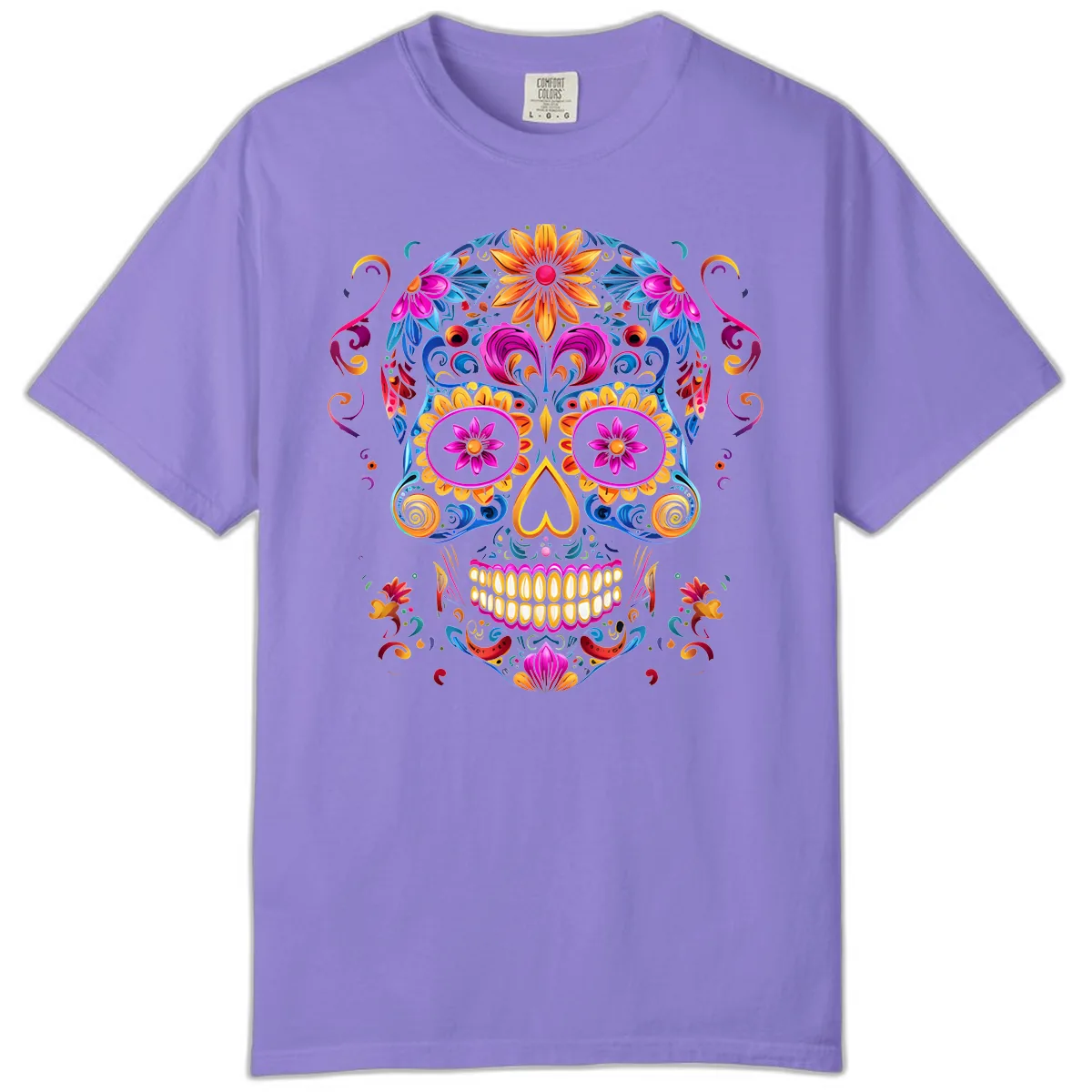 Vibrant Floral Sugar Skull Calavera Art Comfort Color in Violet
