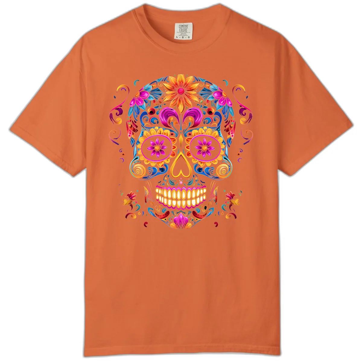 Vibrant Floral Sugar Skull Calavera Art Comfort Color in Burnt Orange