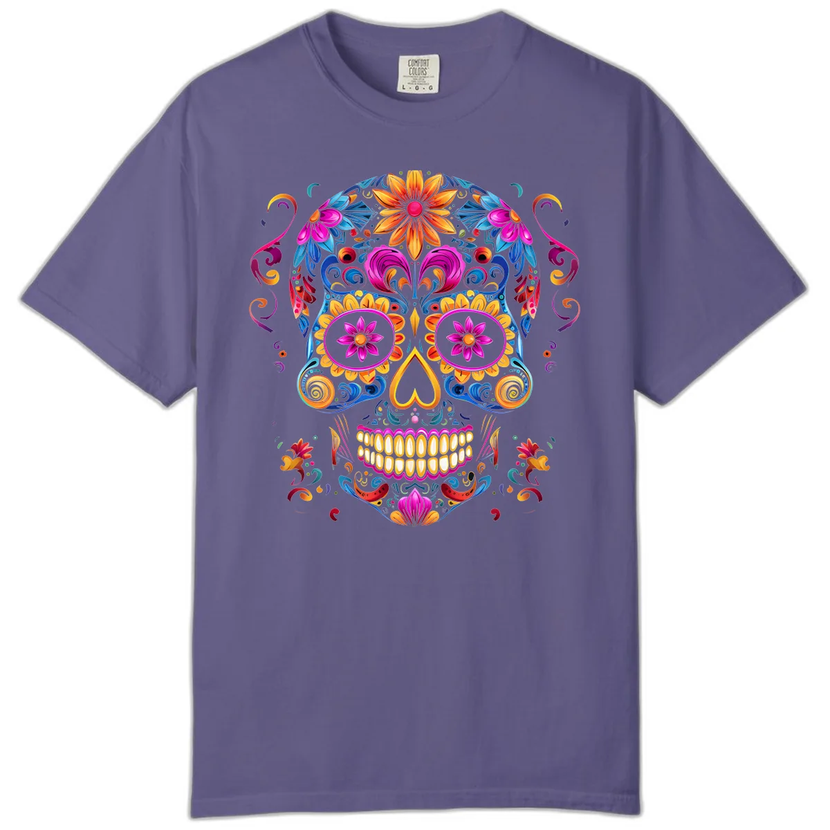 Vibrant Floral Sugar Skull Calavera Art Comfort Color in Grape
