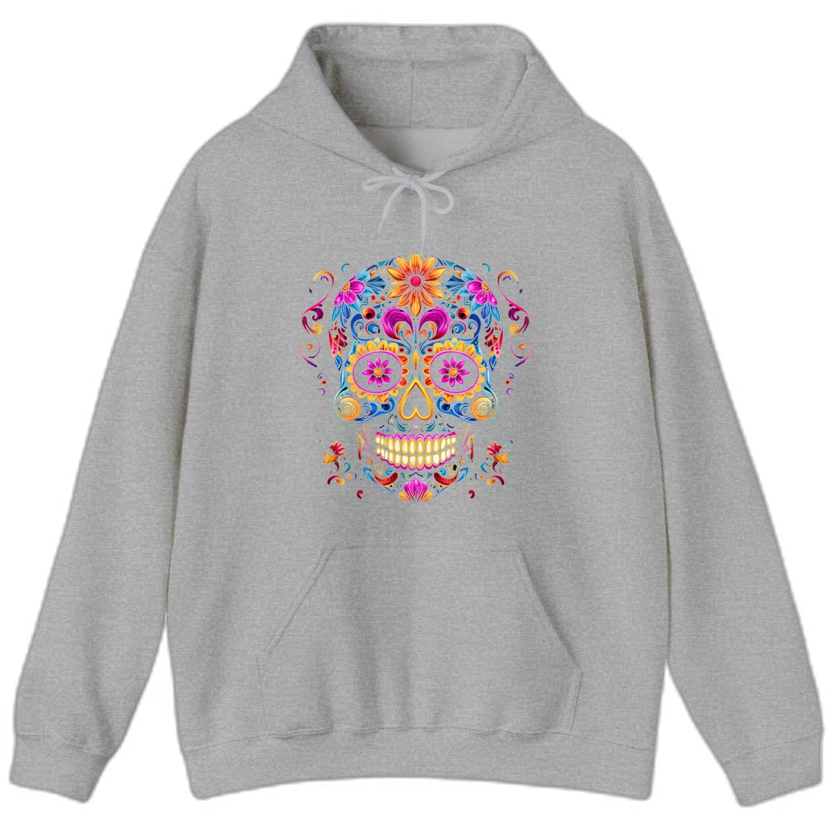 Vibrant Floral Sugar Skull Calavera Art Hoodie in Sport Grey