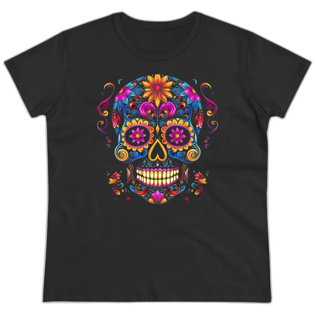 Vibrant Floral Sugar Skull Calavera Art Ladies Tee in Black
