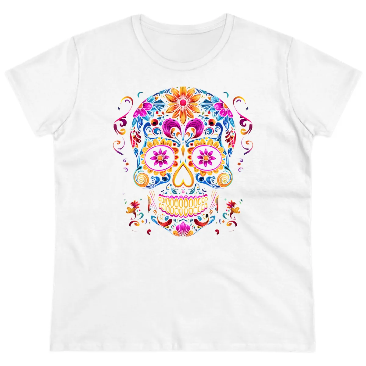 Vibrant Floral Sugar Skull Calavera Art Ladies Tee in White