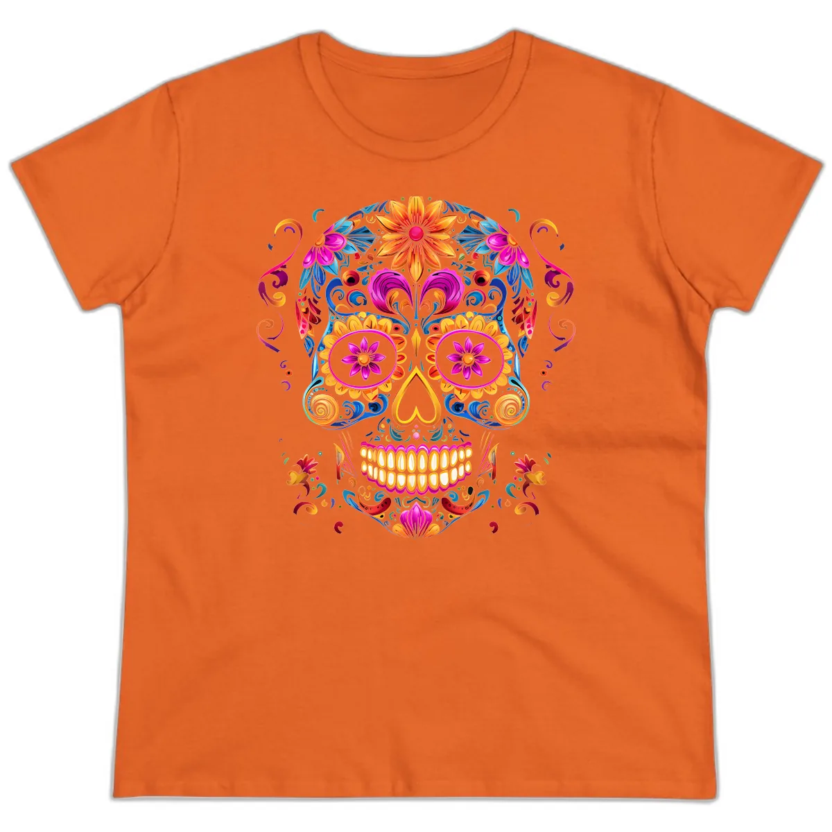 Vibrant Floral Sugar Skull Calavera Art Ladies Tee in Orange