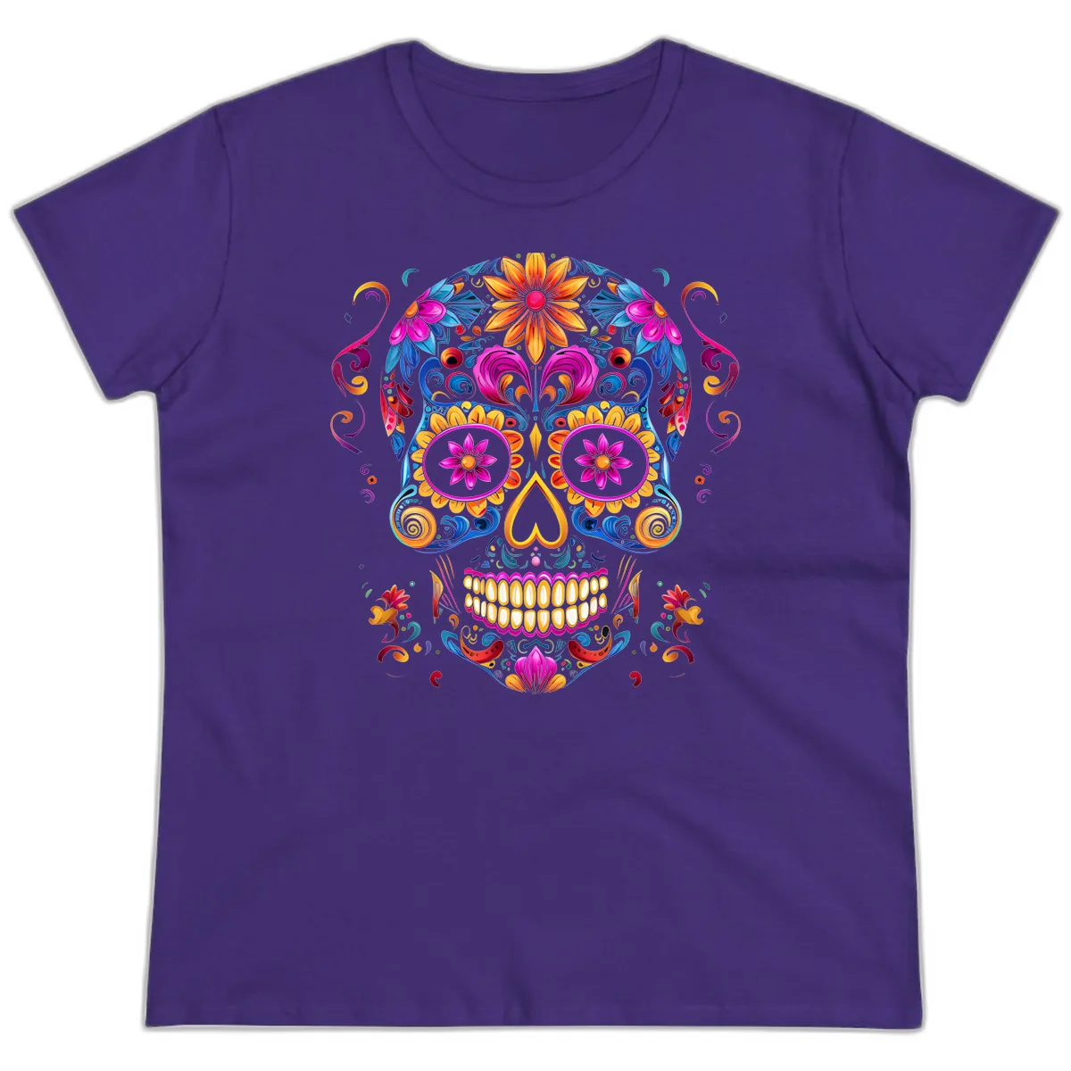Vibrant Floral Sugar Skull Calavera Art Ladies Tee in Purple