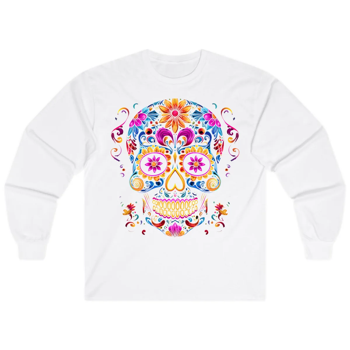 Vibrant Floral Sugar Skull Calavera Art Long Sleeve in White