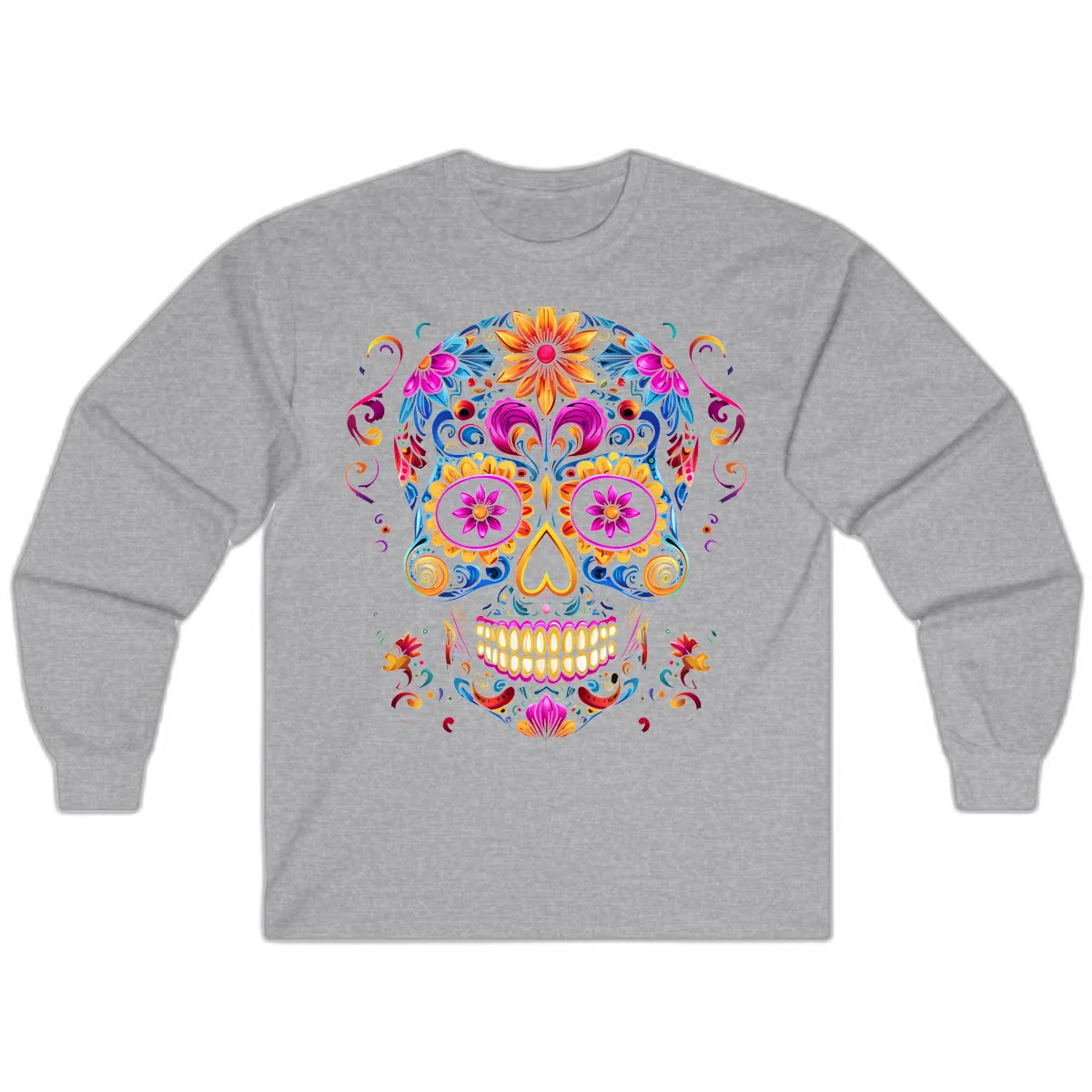 Vibrant Floral Sugar Skull Calavera Art Long Sleeve in Sport Grey