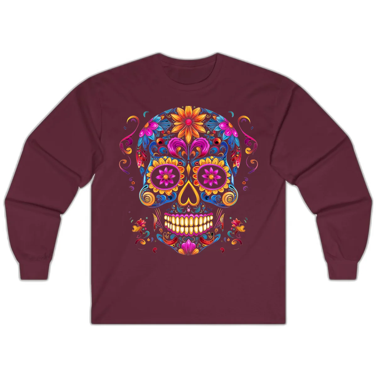 Vibrant Floral Sugar Skull Calavera Art Long Sleeve in Maroon