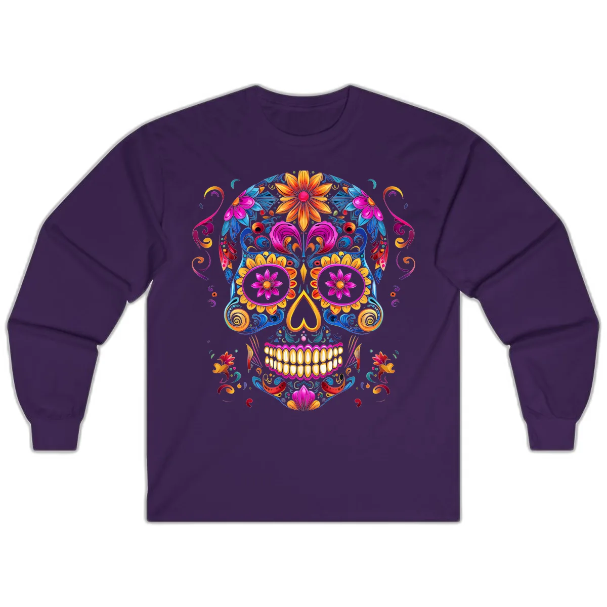 Vibrant Floral Sugar Skull Calavera Art Long Sleeve in Purple