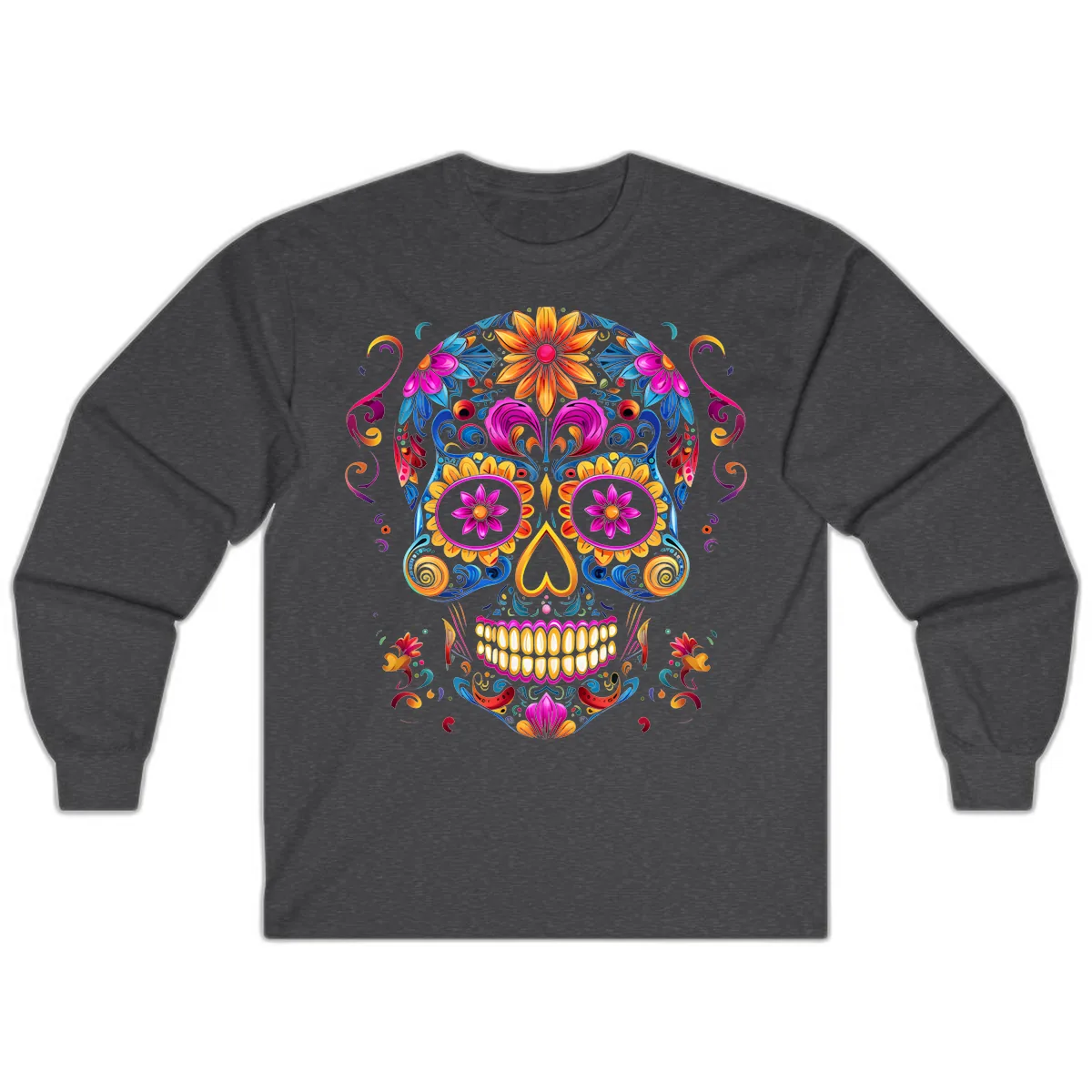Vibrant Floral Sugar Skull Calavera Art Long Sleeve in Dark Heather