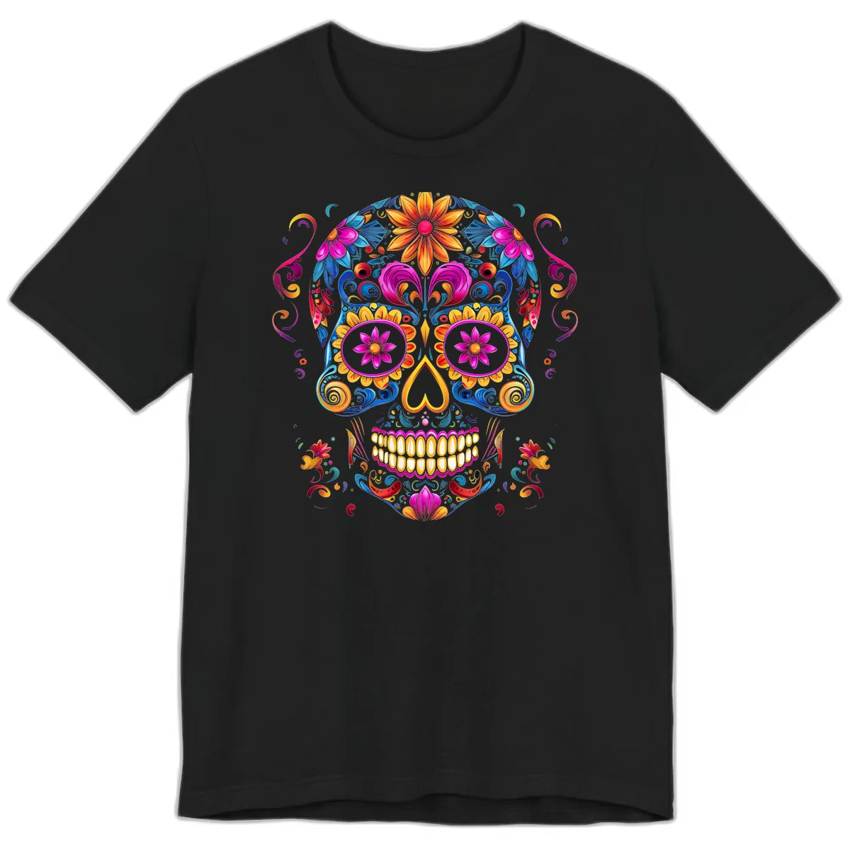Vibrant Floral Sugar Skull Calavera Art Premium T-Shirt in Black
