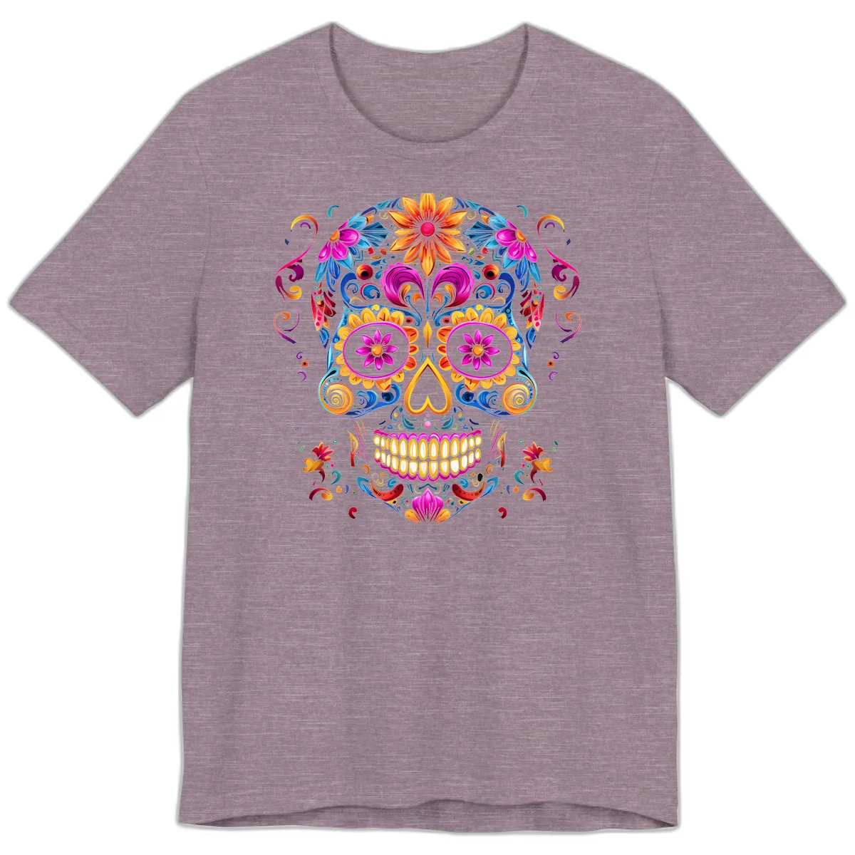 Vibrant Floral Sugar Skull Calavera Art Premium T-Shirt in Heather Purple