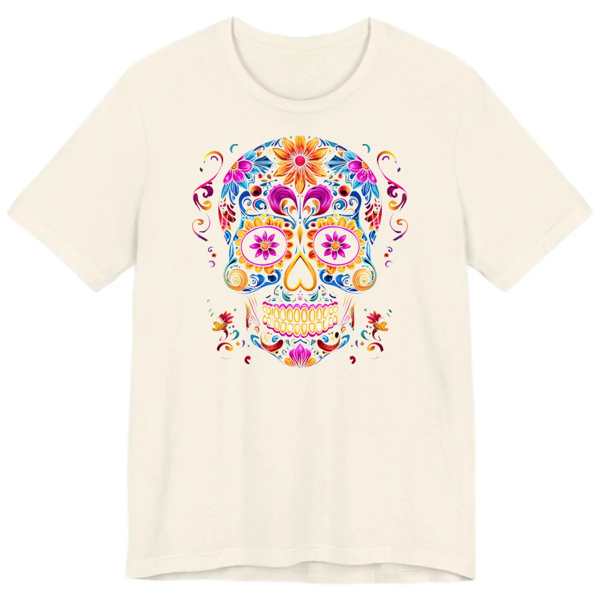 Vibrant Floral Sugar Skull Calavera Art Premium T-Shirt in Natural