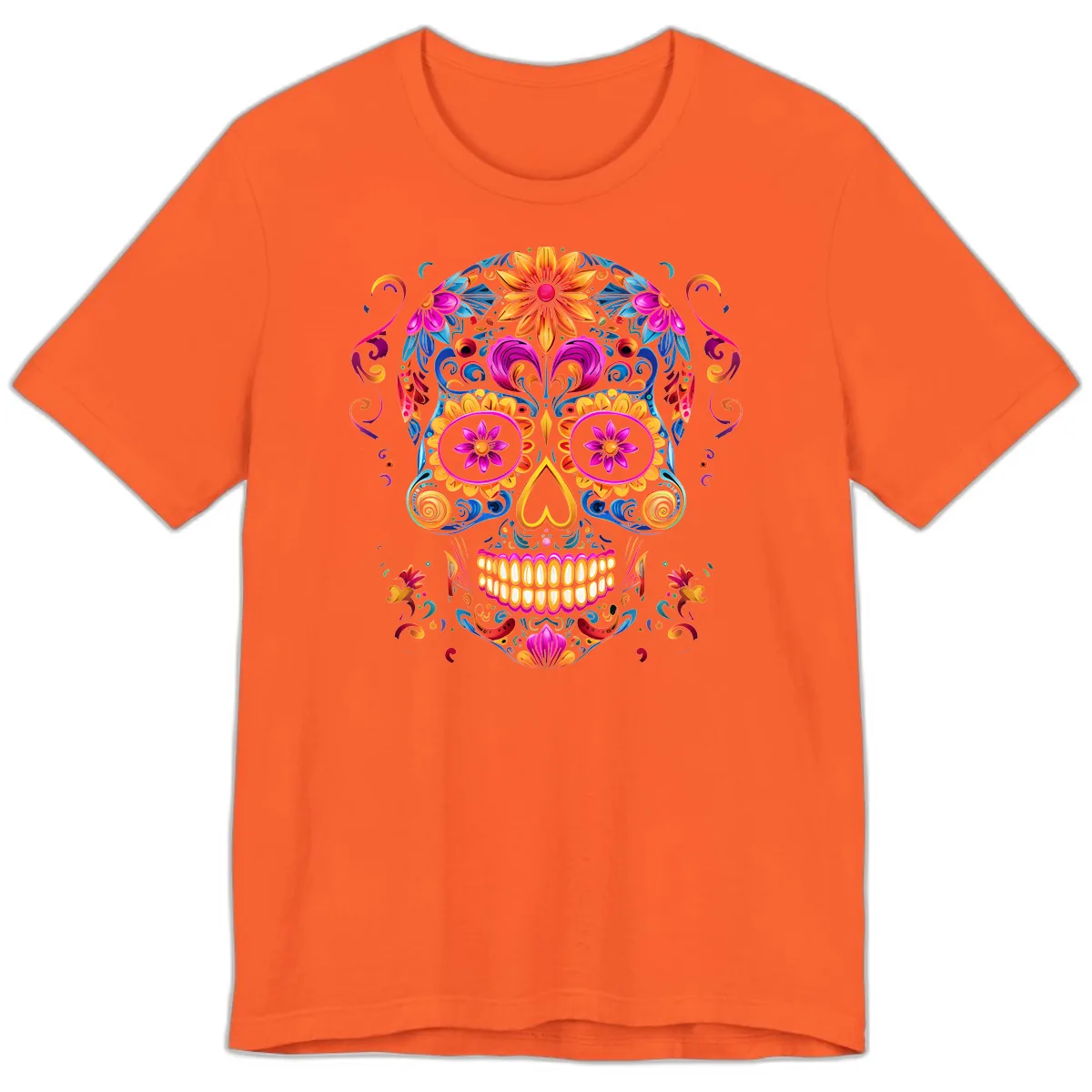 Vibrant Floral Sugar Skull Calavera Art Premium T-Shirt in Orange