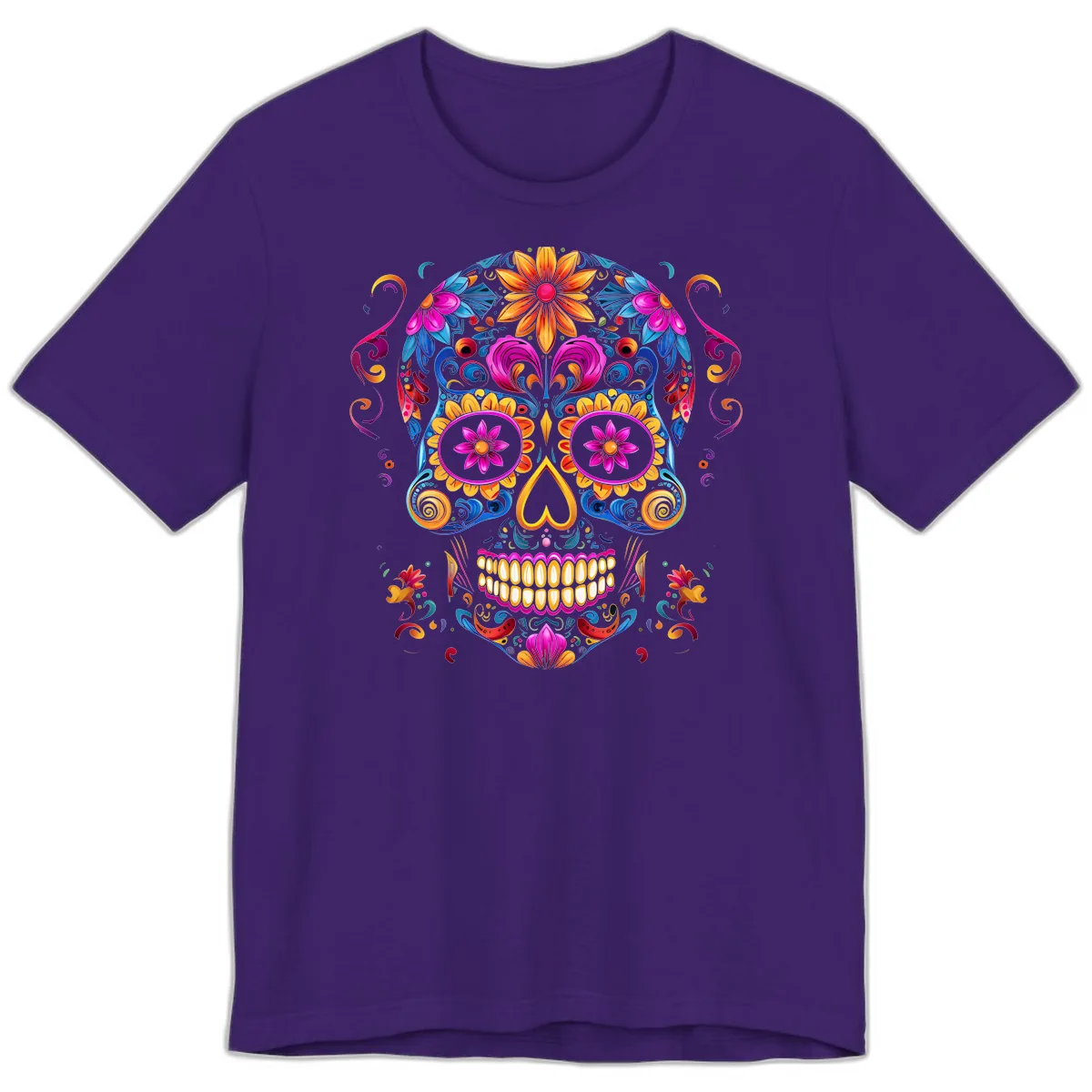 Vibrant Floral Sugar Skull Calavera Art Premium T-Shirt in Team Purple