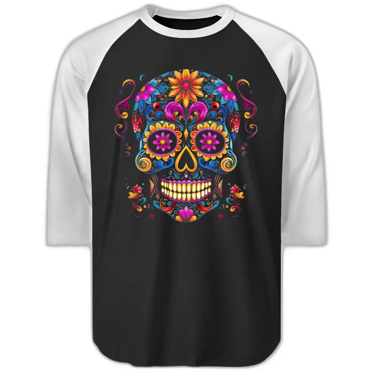 Vibrant Floral Sugar Skull Calavera Art Raglan 3/4 in Black White