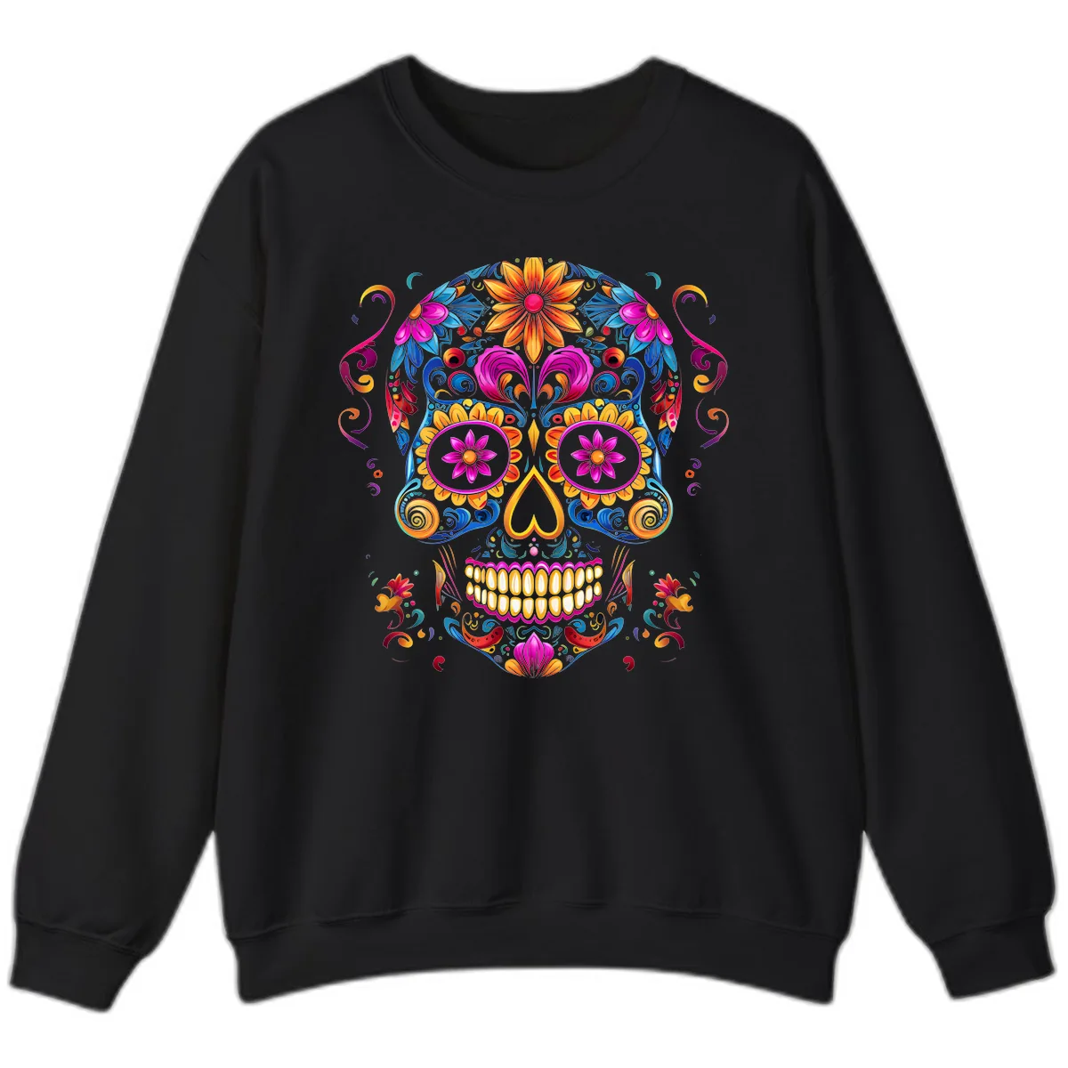 Vibrant Floral Sugar Skull Calavera Art Sweatshirt in Black