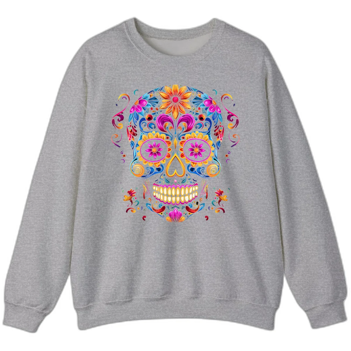 Vibrant Floral Sugar Skull Calavera Art Sweatshirt in Sport Grey