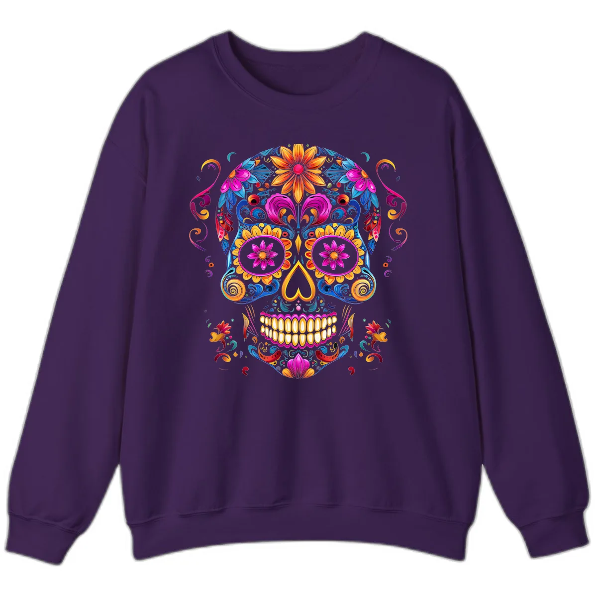 Vibrant Floral Sugar Skull Calavera Art Sweatshirt in Purple