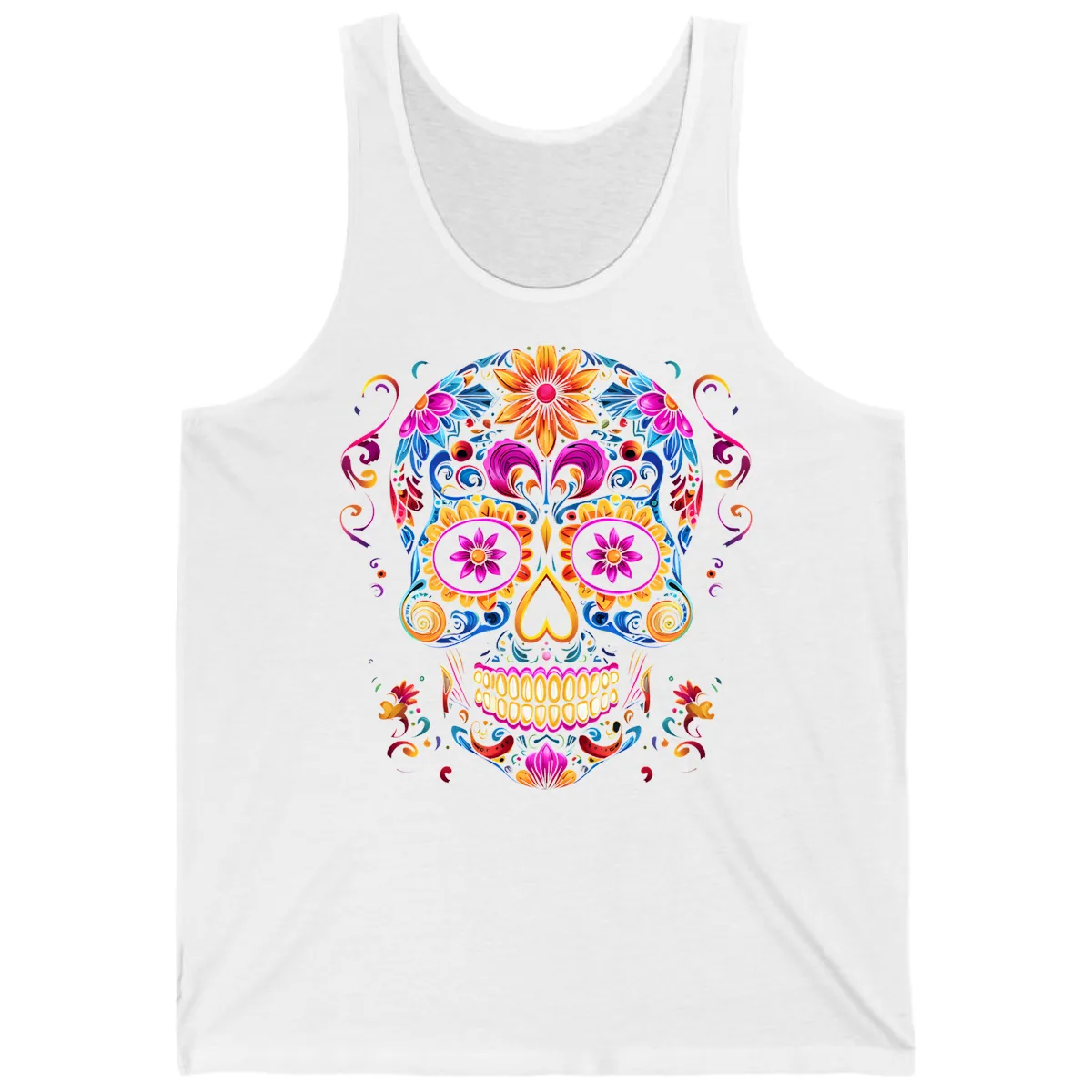 Vibrant Floral Sugar Skull Calavera Art Tank in White