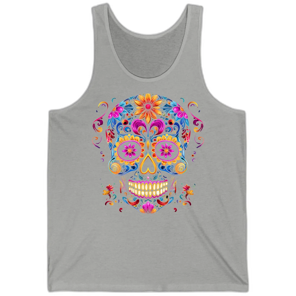 Vibrant Floral Sugar Skull Calavera Art Tank in Athletic Heather