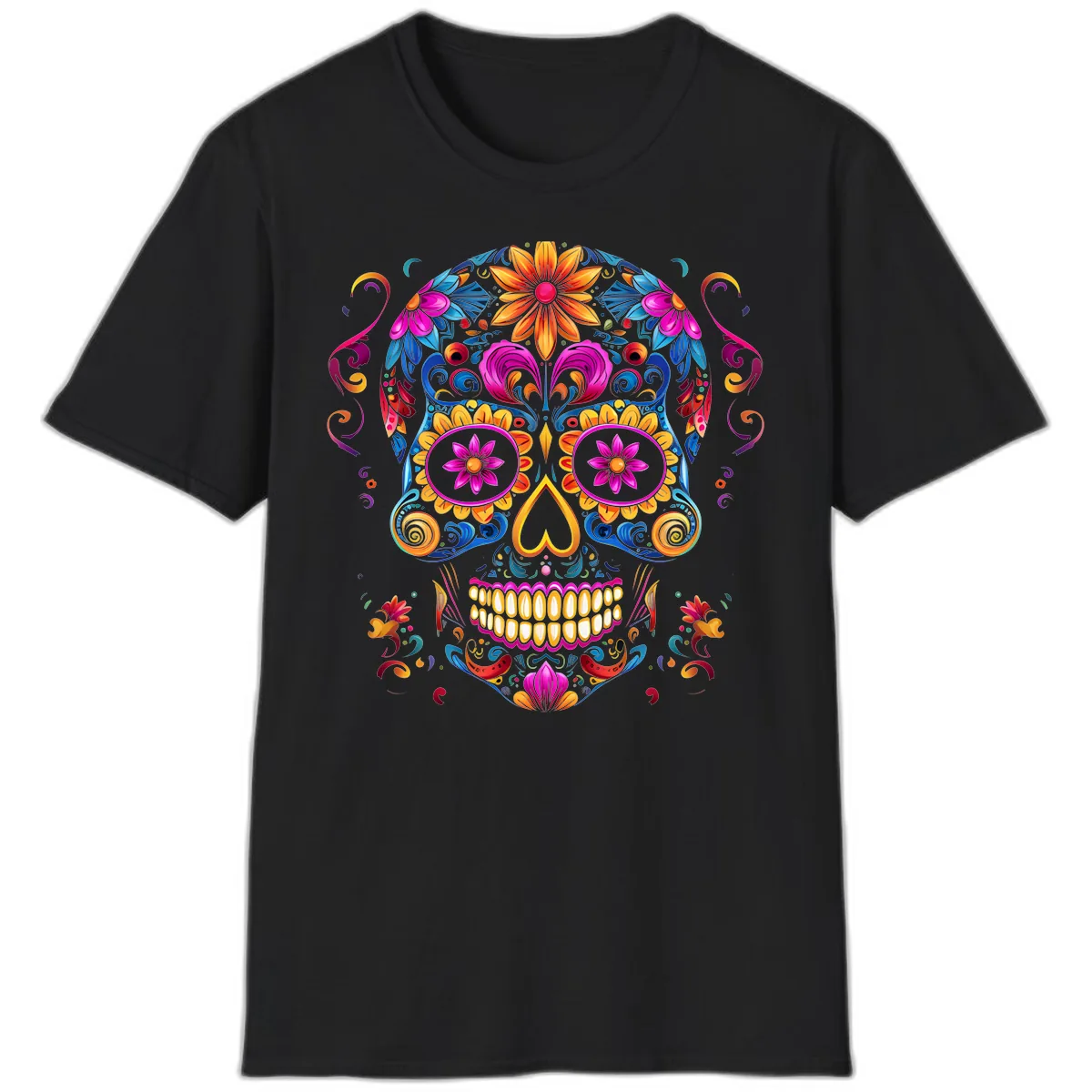Vibrant Floral Sugar Skull Calavera Art T-Shirt in Black