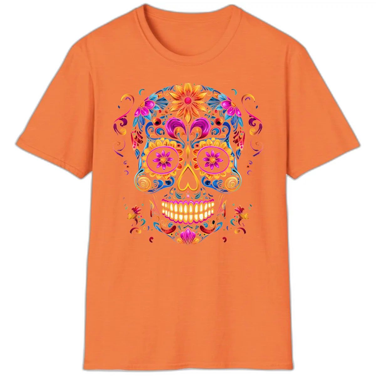 Vibrant Floral Sugar Skull Calavera Art T-Shirt in Heather Orange
