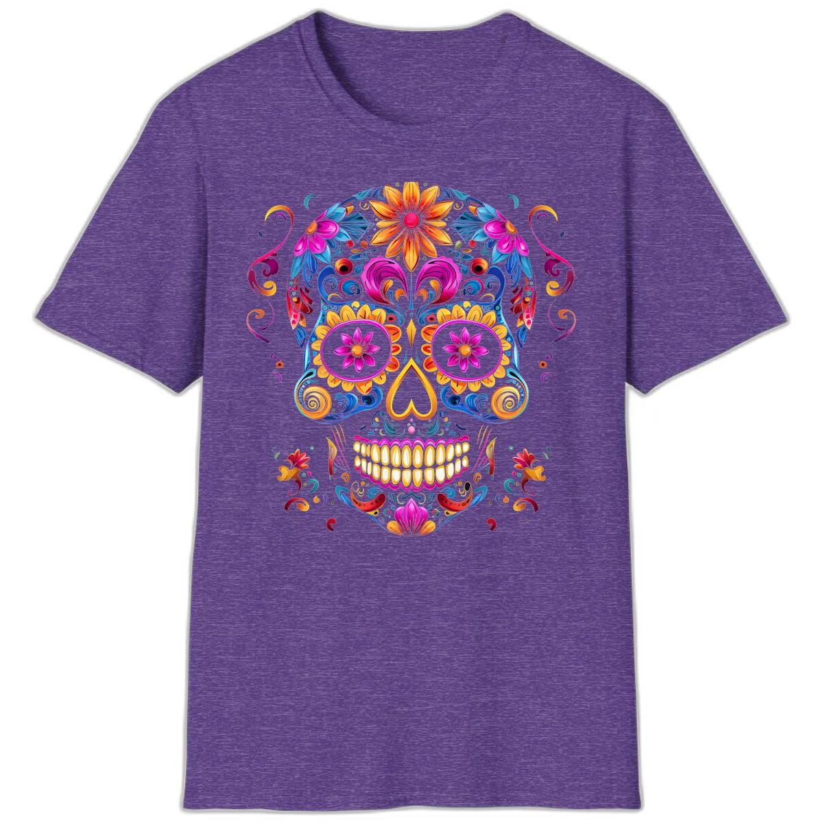 Vibrant Floral Sugar Skull Calavera Art T-Shirt in Heather Purple