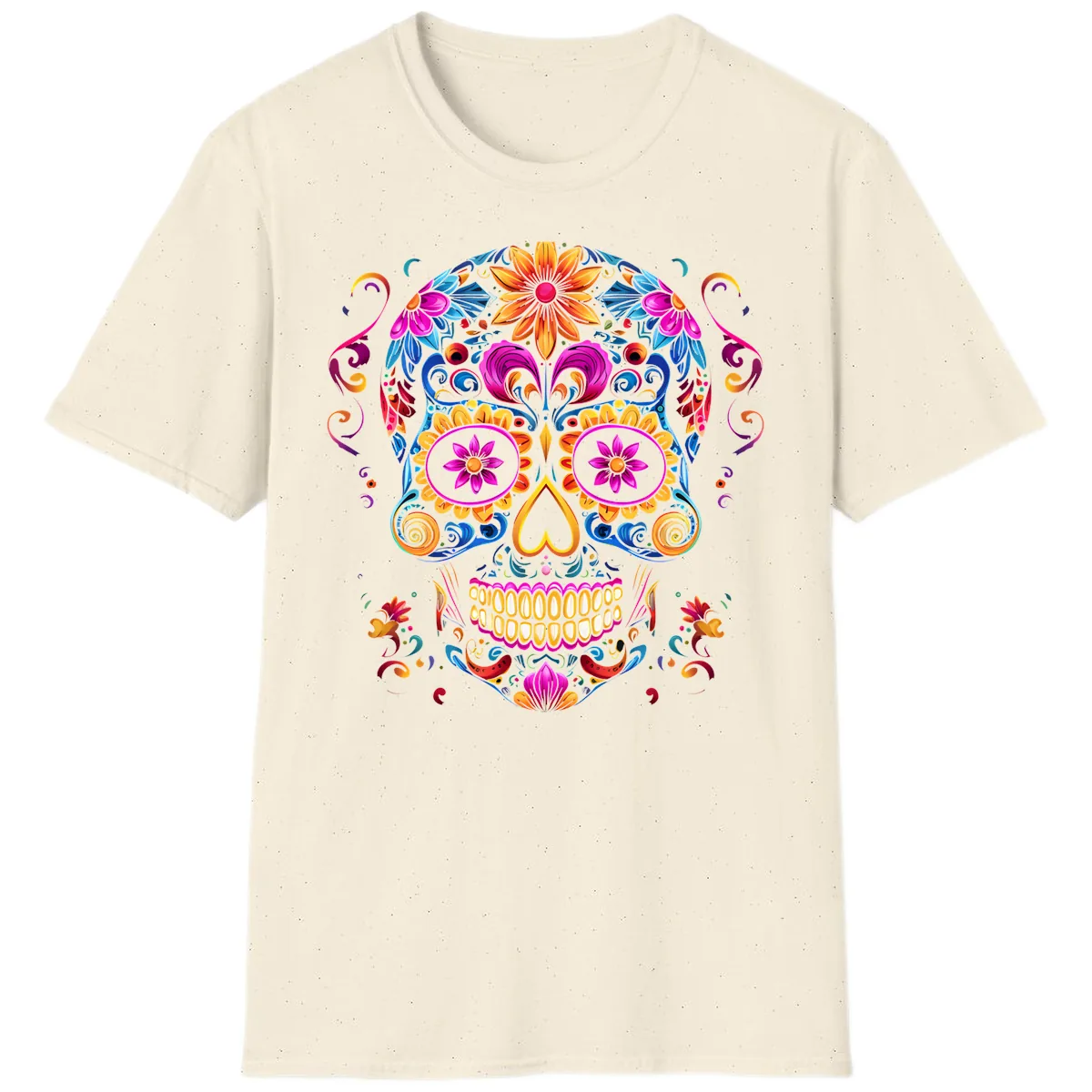 Vibrant Floral Sugar Skull Calavera Art T-Shirt in Natural