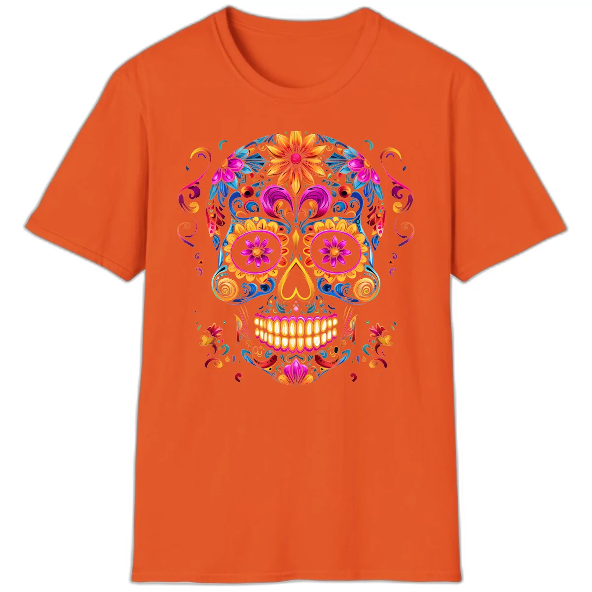 Vibrant Floral Sugar Skull Calavera Art T-Shirt in Orange