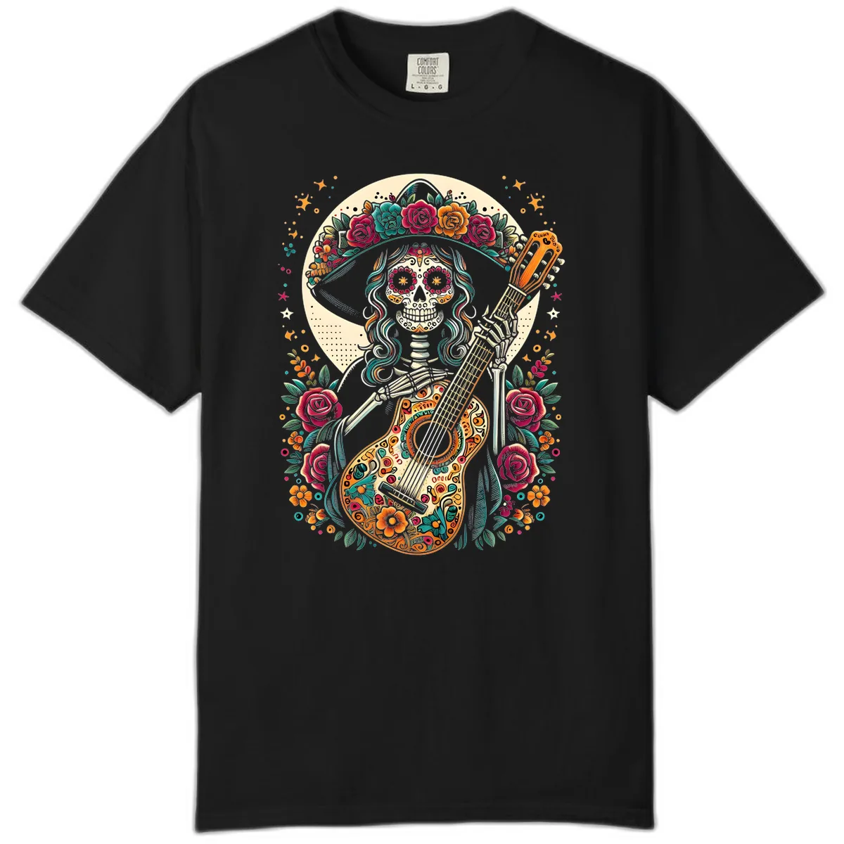 Calavera Guitarist with Floral Crown Comfort Color in Black