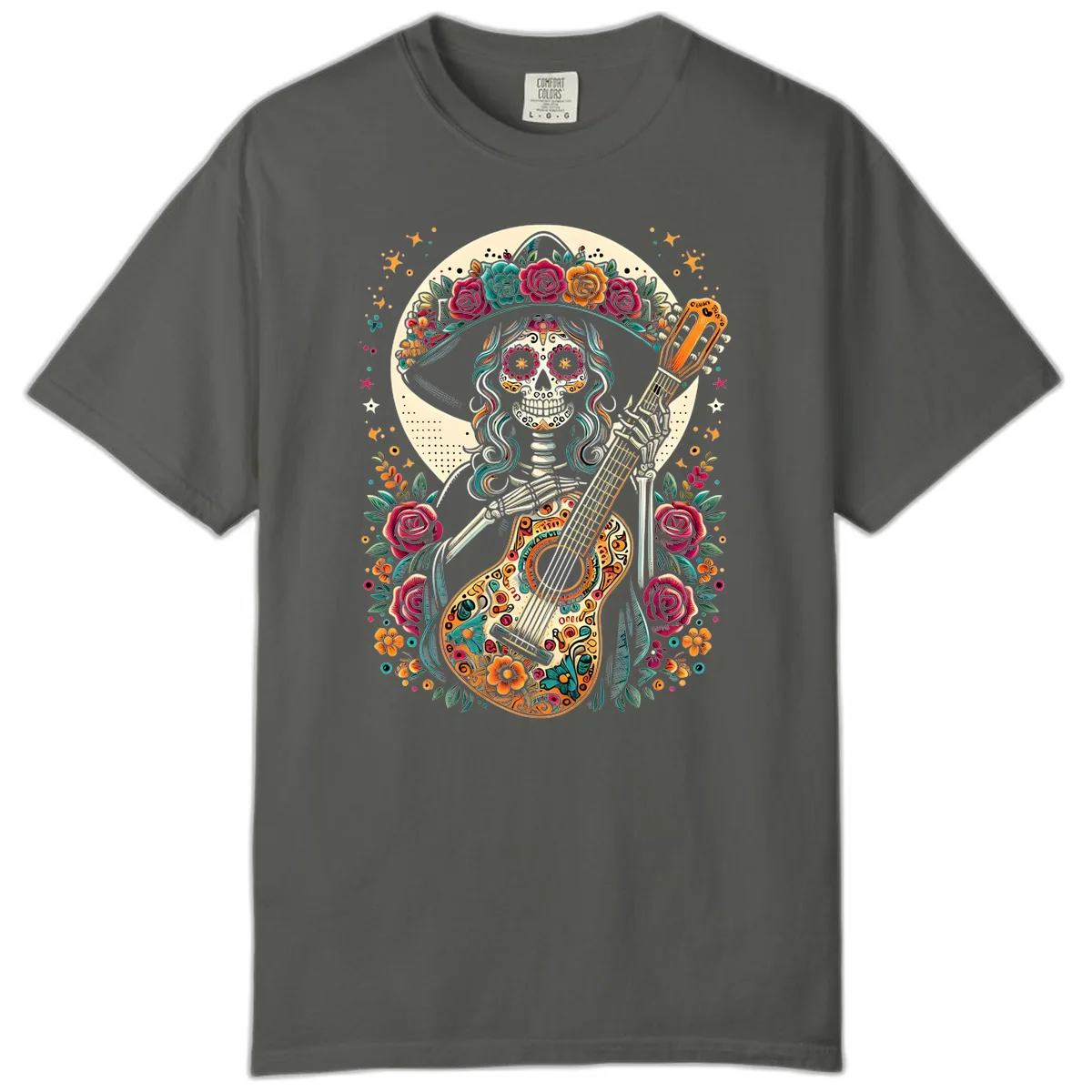 Calavera Guitarist with Floral Crown Comfort Color in Pepper