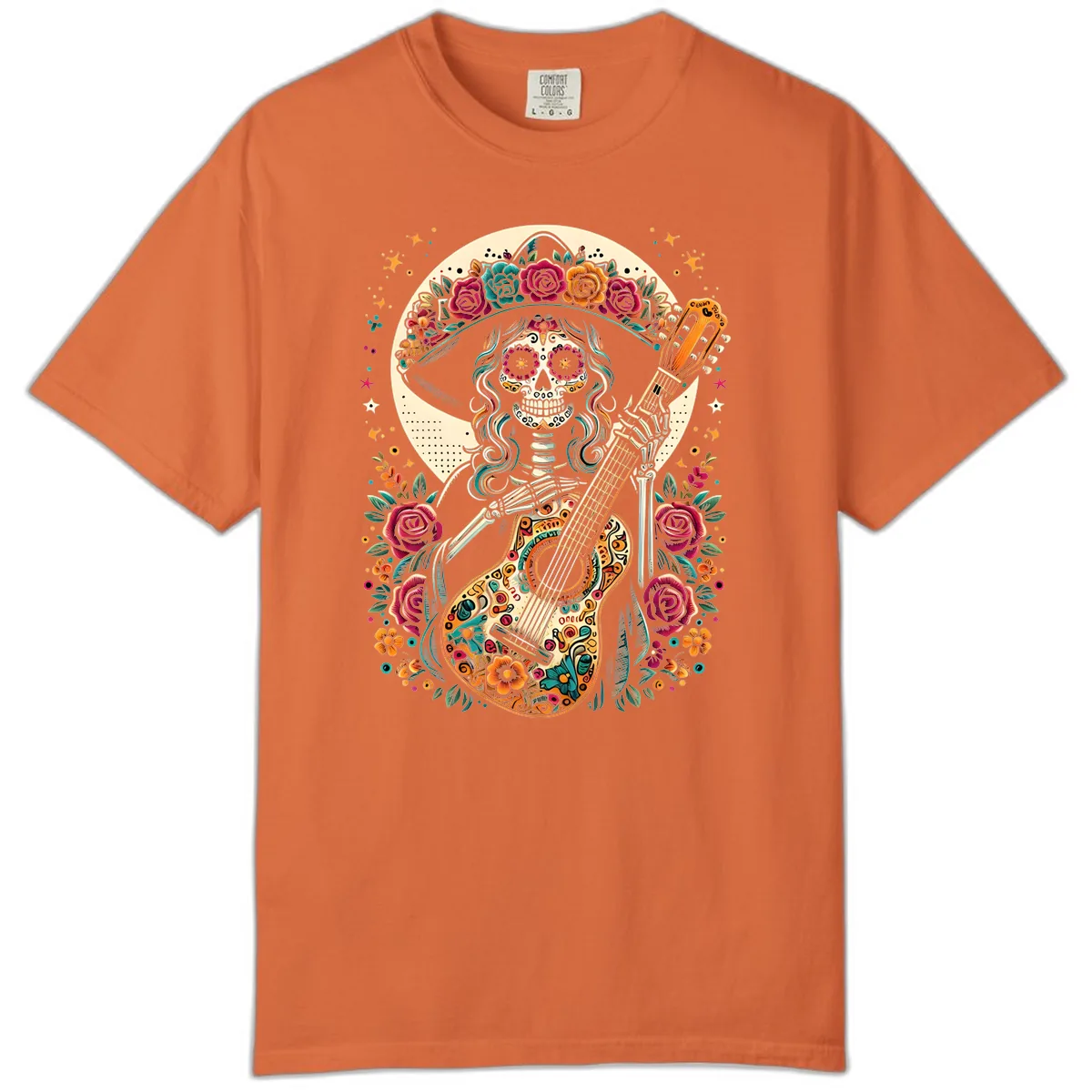 Calavera Guitarist with Floral Crown Comfort Color in Burnt Orange