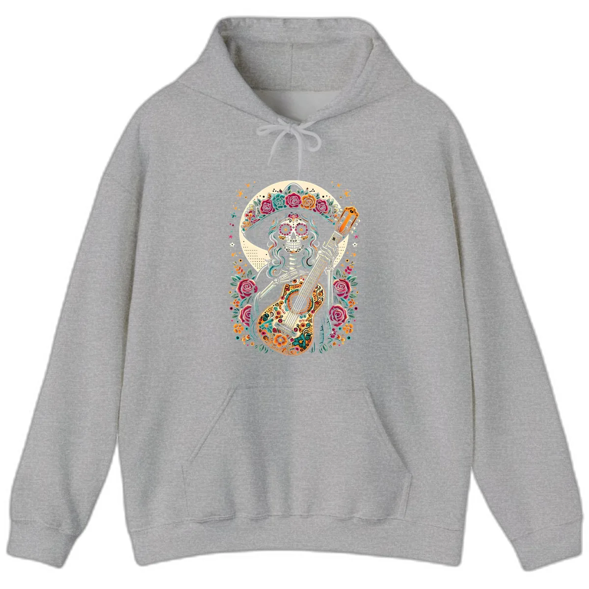 Calavera Guitarist with Floral Crown Hoodie in Sport Grey
