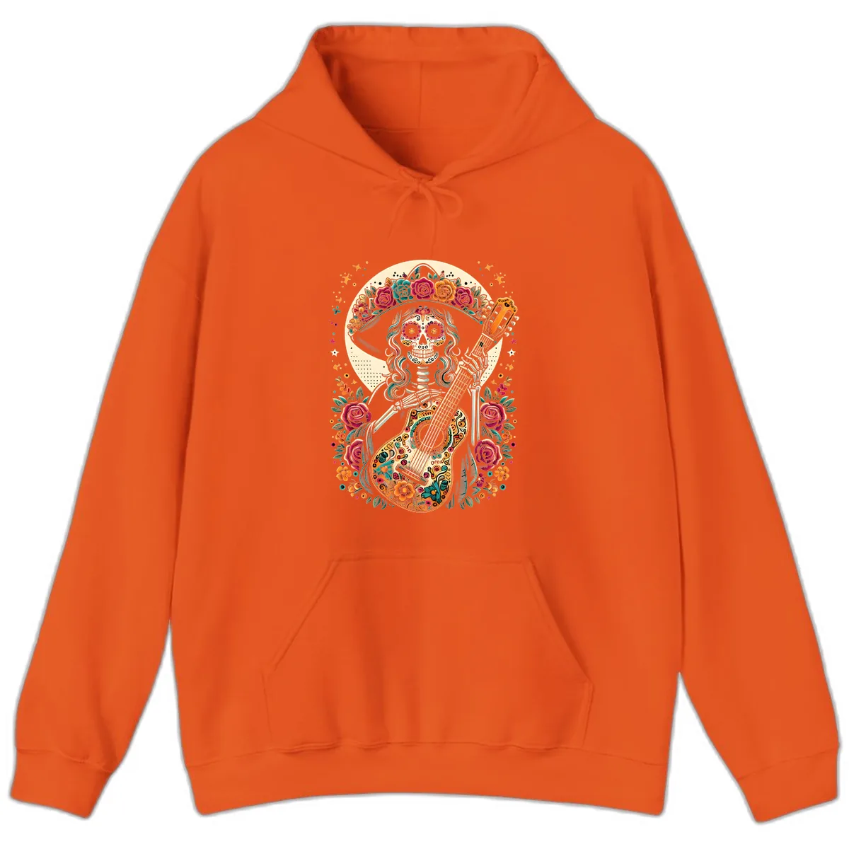 Calavera Guitarist with Floral Crown Hoodie in Orange