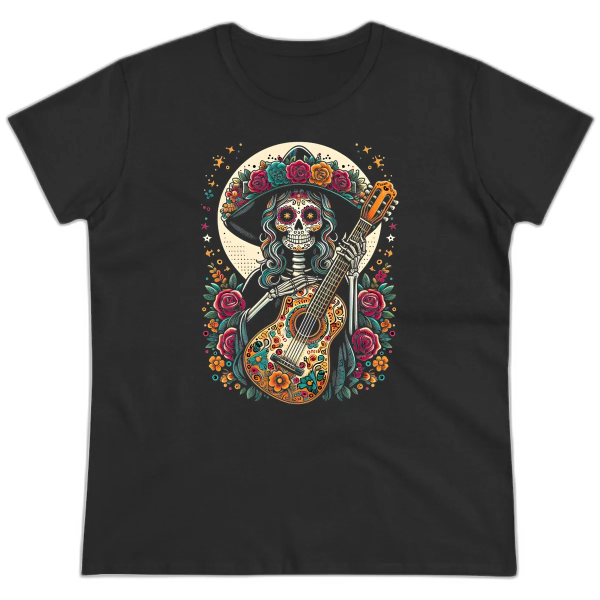 Calavera Guitarist with Floral Crown Ladies Tee in Black