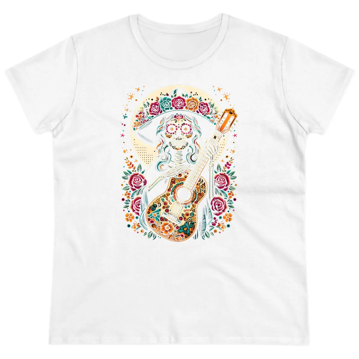 Calavera Guitarist with Floral Crown Ladies Tee in White