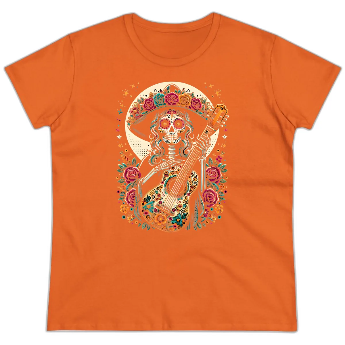 Calavera Guitarist with Floral Crown Ladies Tee in Orange