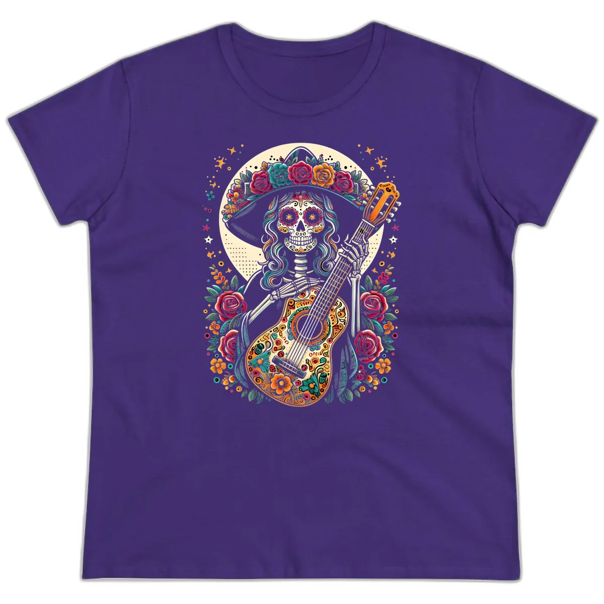 Calavera Guitarist with Floral Crown Ladies Tee in Purple