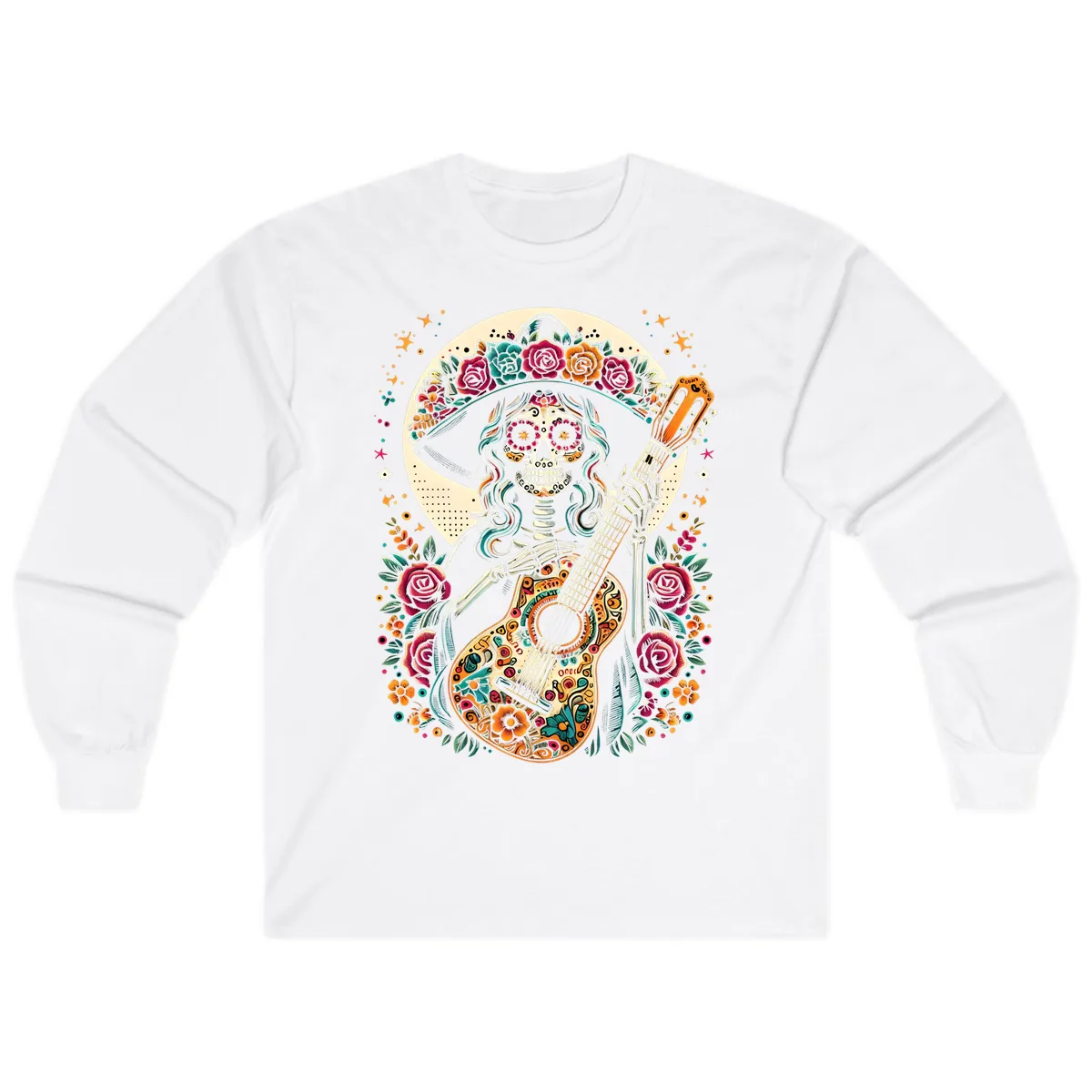 Calavera Guitarist with Floral Crown Long Sleeve in White